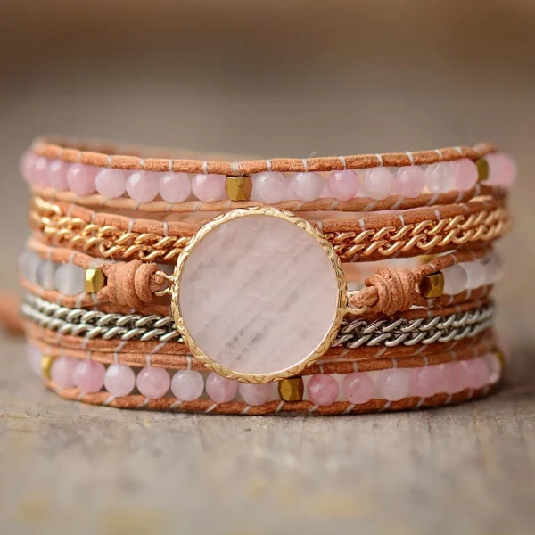 Mystic Rose Layers – Boho Wrap Bracelet with Raw Rose Quartz & Onyx