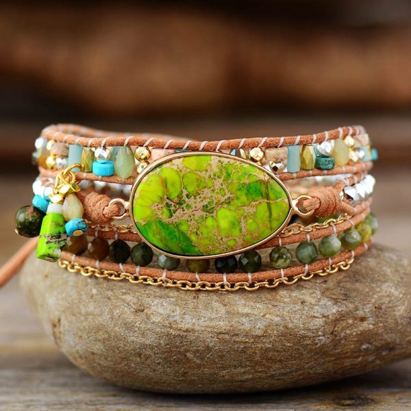 Variscite Sea leather wrap bracelet with charms