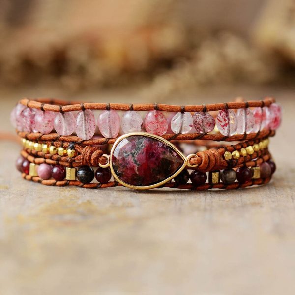 Beaded Leather Wrap Bracelet | Rose TearDrop Stone