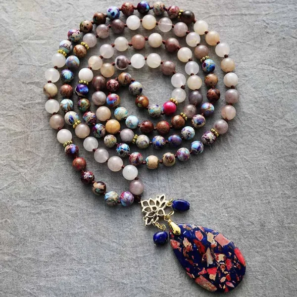 Beaded Long Necklace with Lotus and Tear Drop pendant