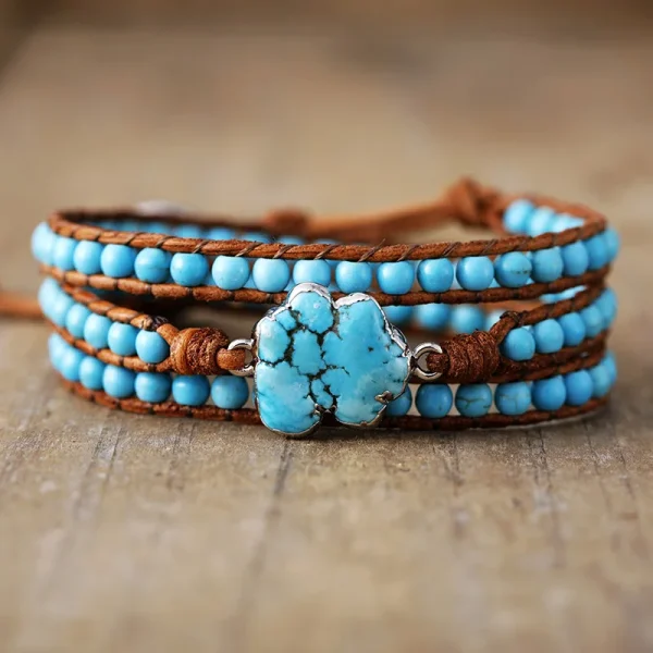 Chunky Boho Turquoise Stone 3 Layers Wrap Bracelet Handmade leather strands