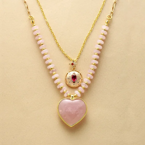 Mystical Boho Chic Rose Quartz Necklace with Red Eye Pendant