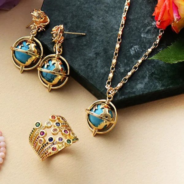 Earth Bloom Turquoise Earrings/Necklace Set Gold Plated and Turquoise Bead