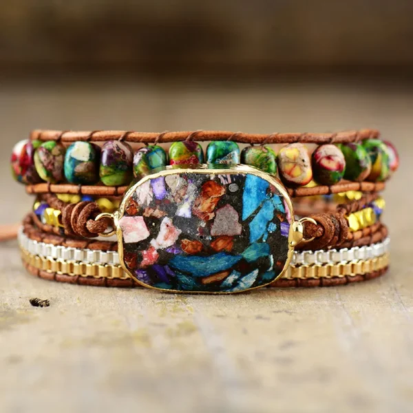 Marble Forest Wrap Bracelet Leather Strands Jasper Stones