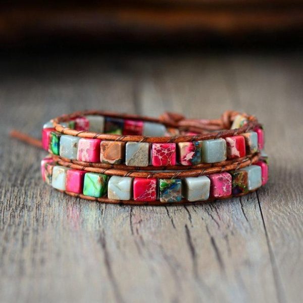 Woven Cube Bead Bracelet – Mix Natural Stone – Leather Wrap Bracelet