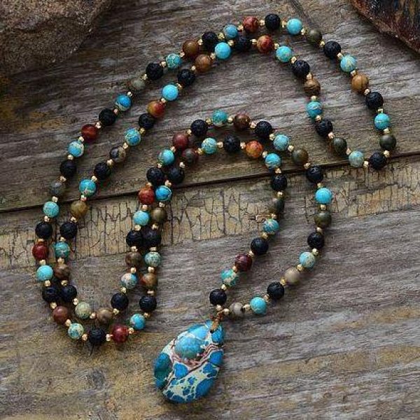 Ocean whales long Necklace – Labradorite , Onyx and Amazonite Stone Beads