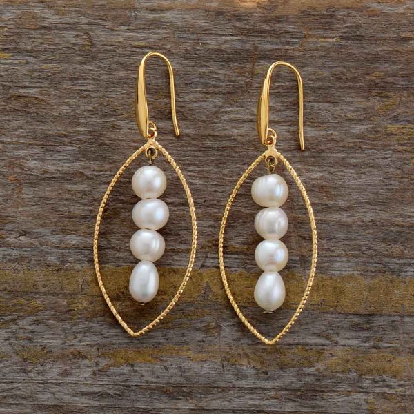 Hand Made Golden Leaf , Freshwater Pearls Boho Earrings