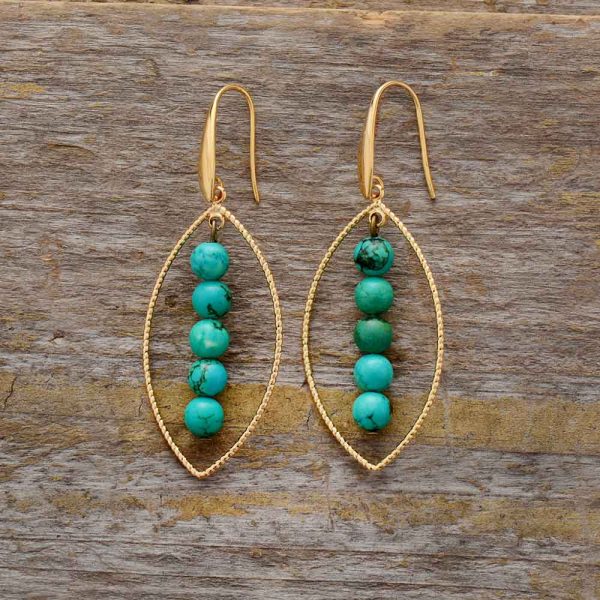 Hand Made Boho vintage Earrings – oval charming leaf and turquoises